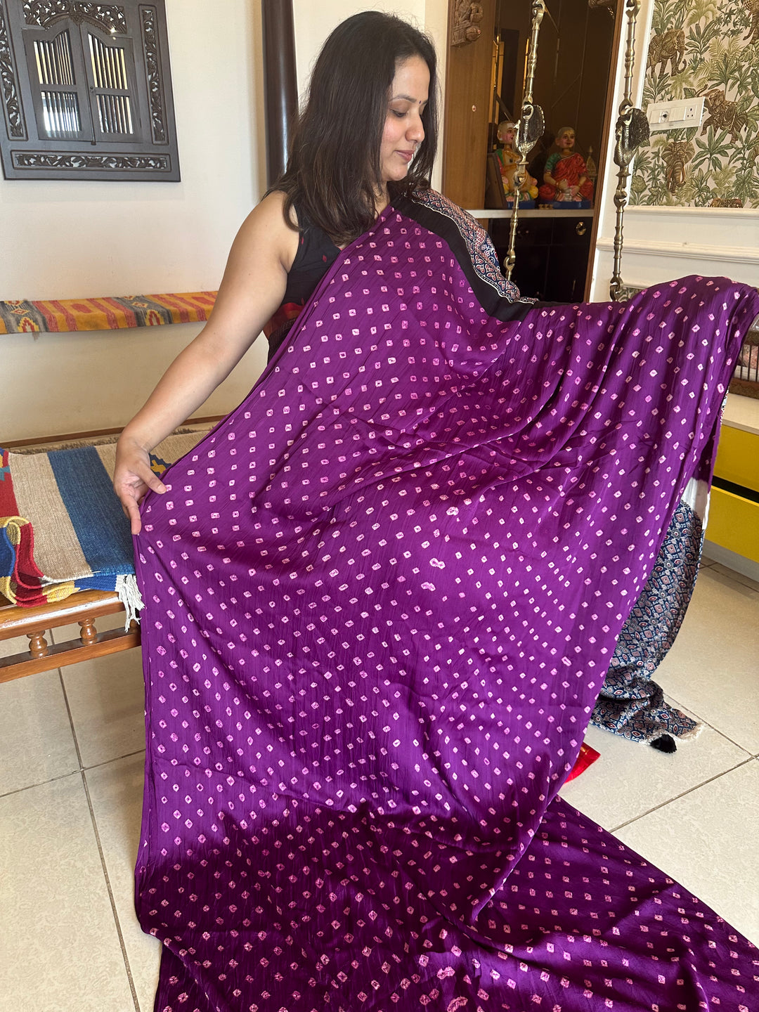 Purple Bhandej with Ajrakh Natural Handblock Printed Tissue Pallu Pure Modal Silk Saree