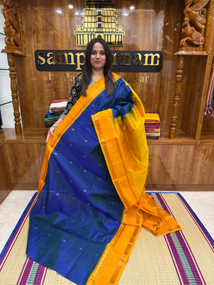 MS Blue with Mustard, Traditional rettapet Border, Mango butta in the Body and Grand Pallu , Korvai Silk Cotton Saree