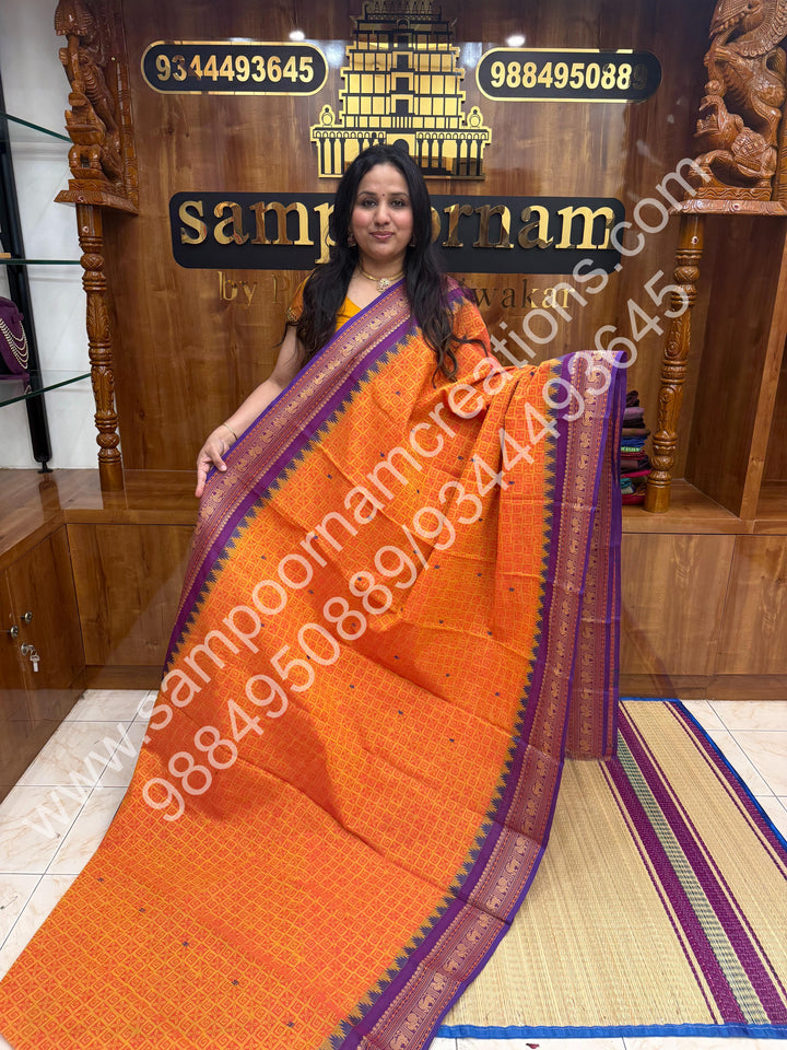 Orange with Yellow , Floral  Handblock Printed  Chettinad Cotton Saree