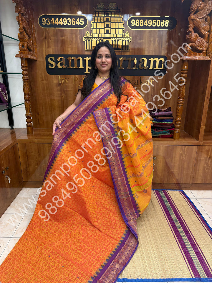 Orange with Yellow , Floral  Handblock Printed  Chettinad Cotton Saree