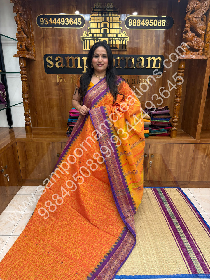 Orange with Yellow , Floral  Handblock Printed  Chettinad Cotton Saree