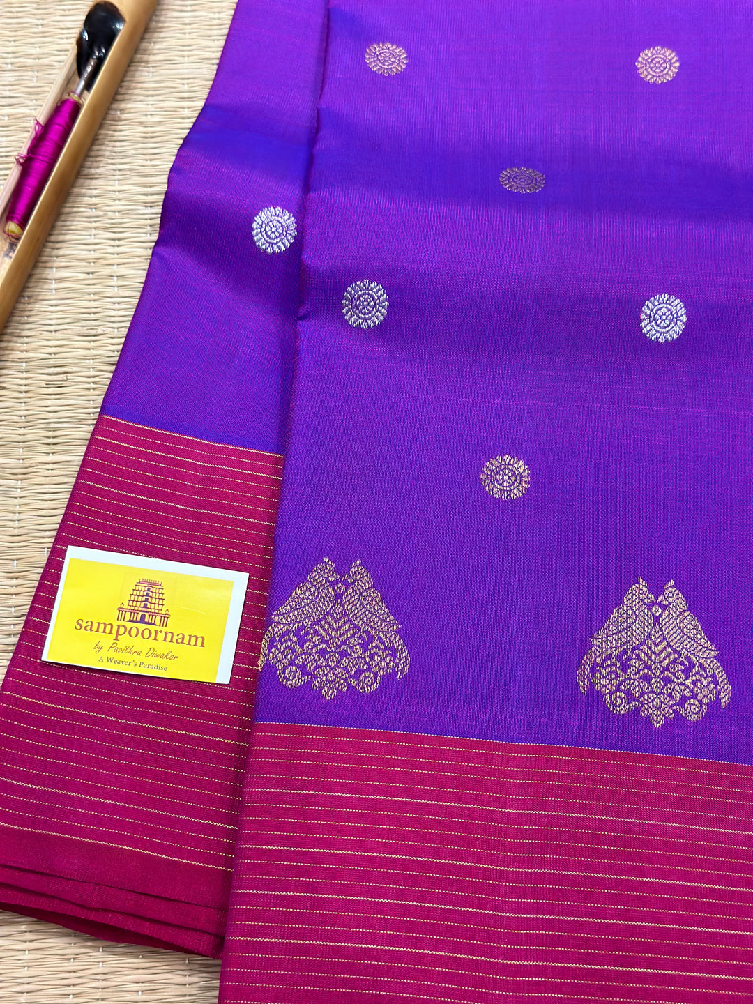 Purple with Maroon Vairaoosi Border , Silver and Gold Body Butta, Retta kili Butta , Rich Pallu - Kanjivaram Pure SIlk Saree