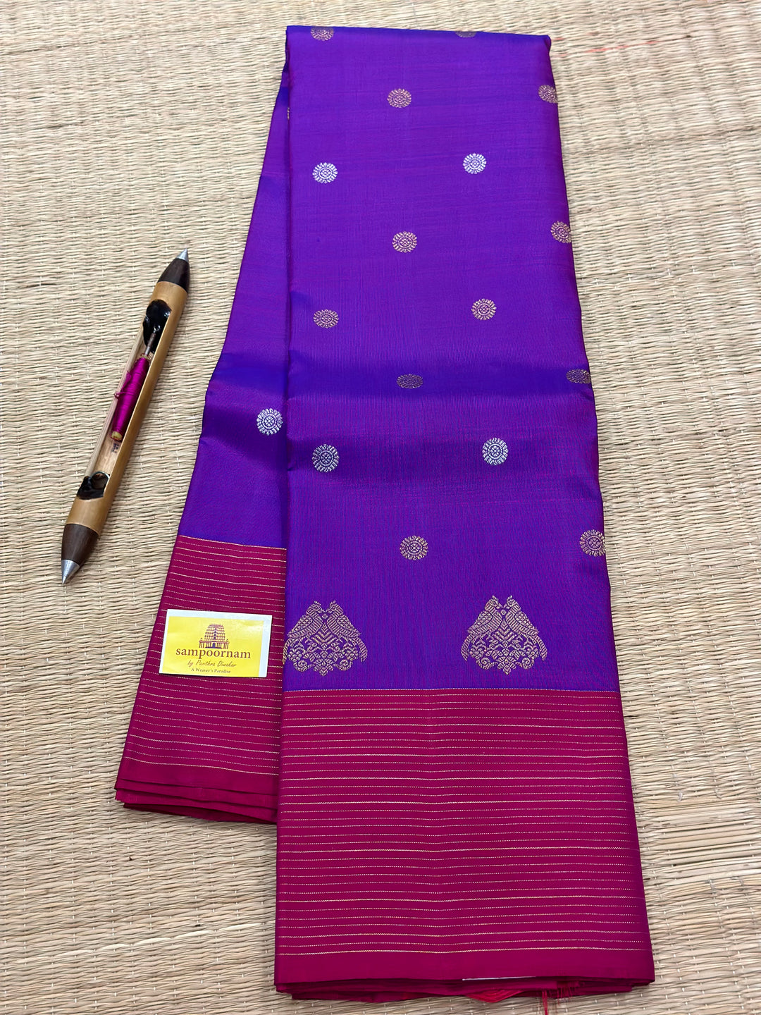 Purple with Maroon Vairaoosi Border , Silver and Gold Body Butta, Retta kili Butta , Rich Pallu - Kanjivaram Pure SIlk Saree