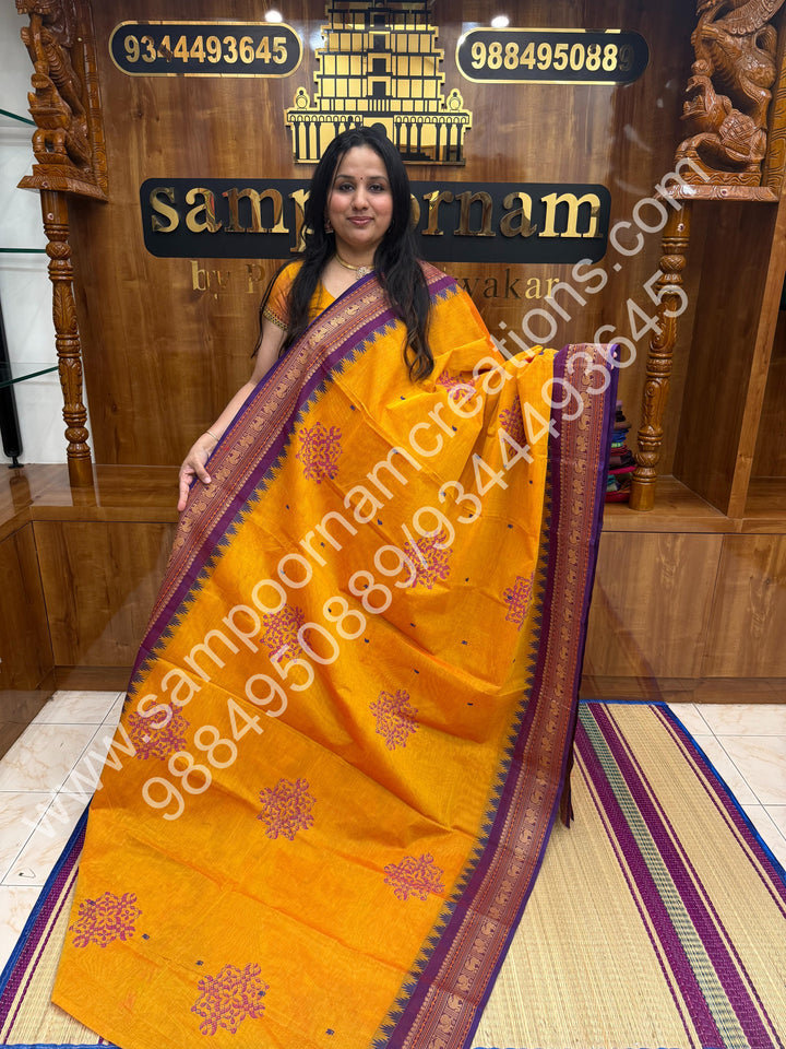 Mustard with Violet , Kolam Handblock Prints with  Traditional  border and rich Pallu Chettinad Cotton Saree