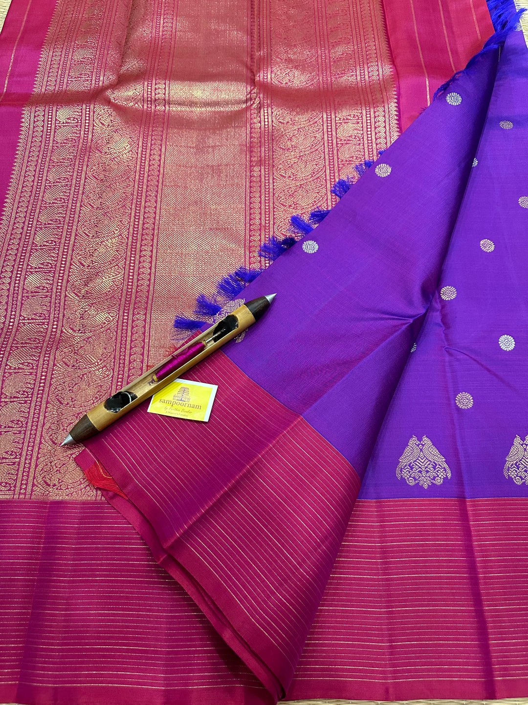 Purple with Maroon Vairaoosi Border , Silver and Gold Body Butta, Retta kili Butta , Rich Pallu - Kanjivaram Pure SIlk Saree