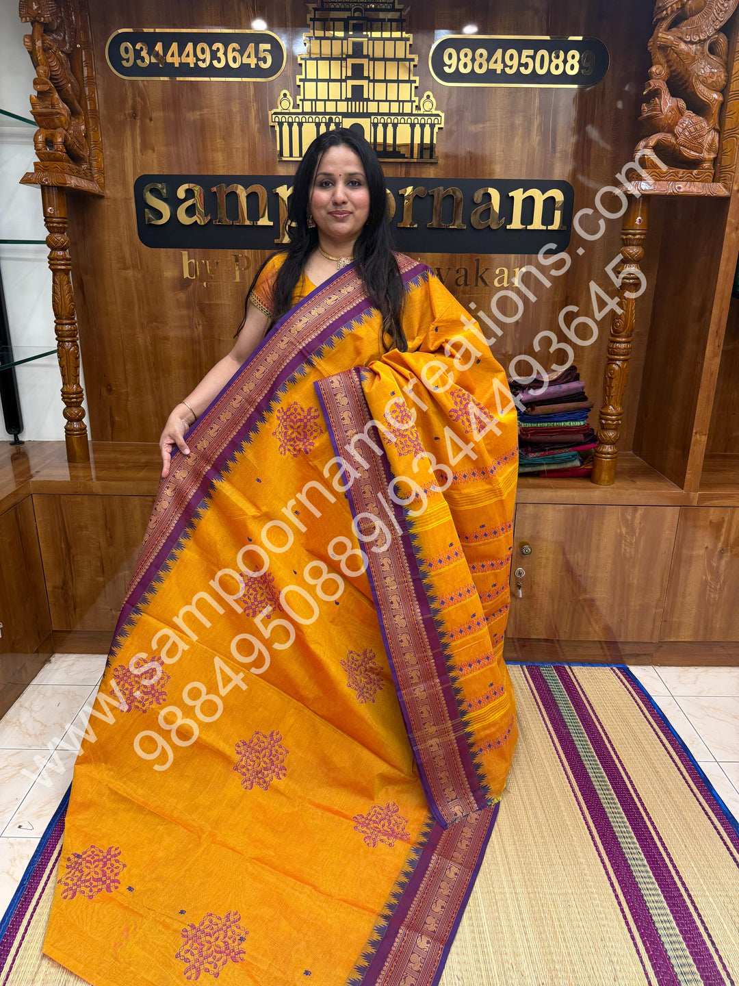 Mustard with Violet , Kolam Handblock Prints with  Traditional  border and rich Pallu Chettinad Cotton Saree