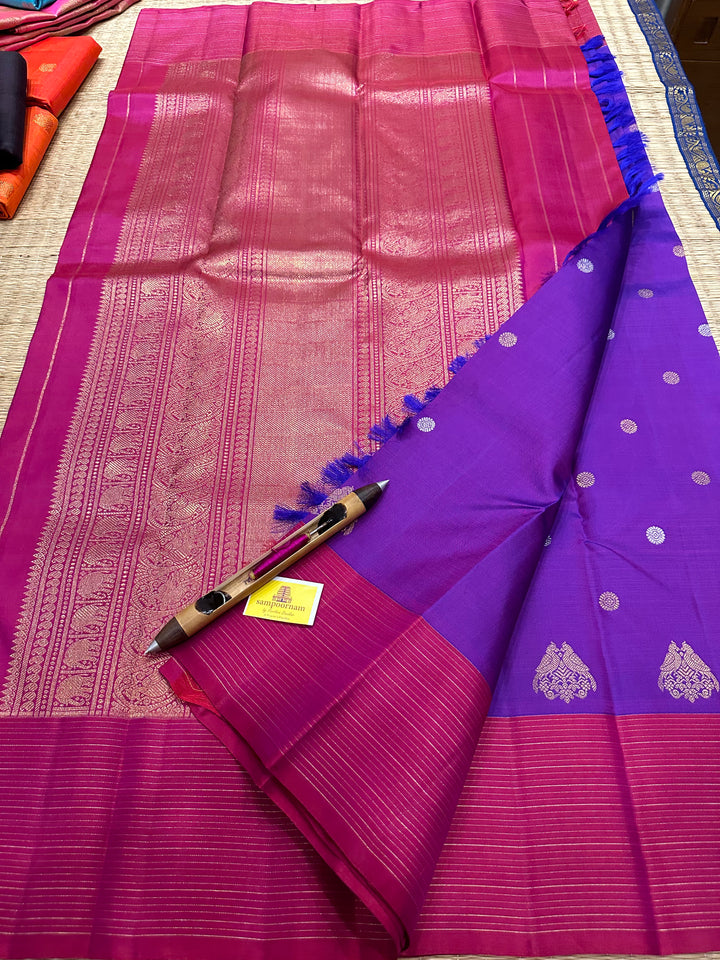 Purple with Maroon Vairaoosi Border , Silver and Gold Body Butta, Retta kili Butta , Rich Pallu - Kanjivaram Pure SIlk Saree