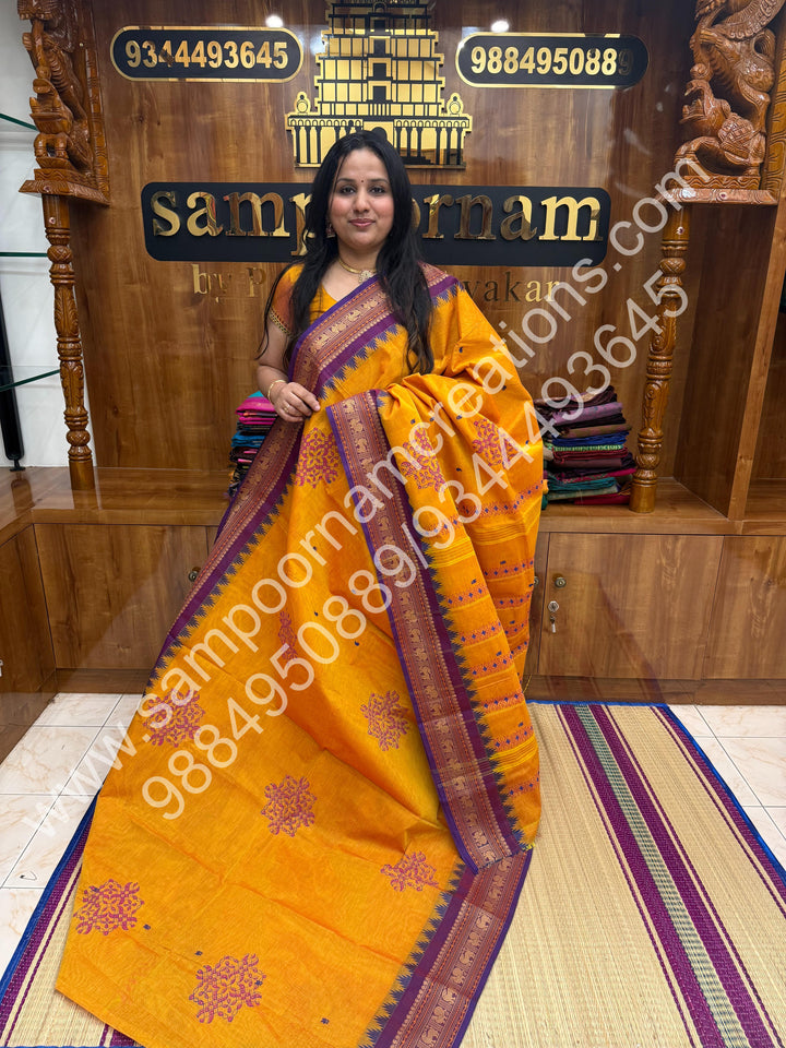 Mustard with Violet , Kolam Handblock Prints with  Traditional  border and rich Pallu Chettinad Cotton Saree