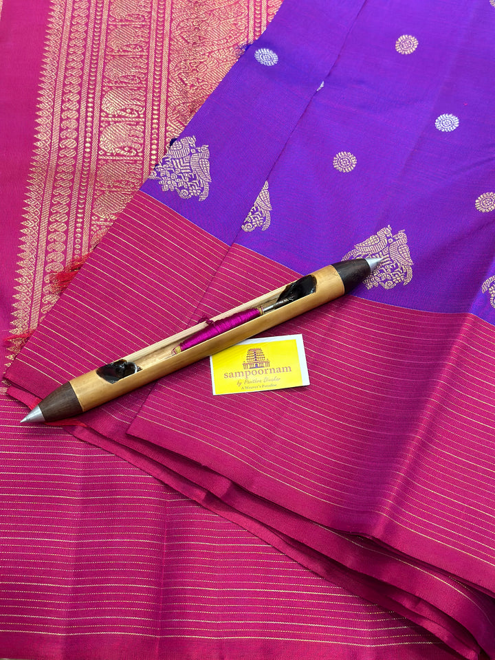 Purple with Maroon Vairaoosi Border , Silver and Gold Body Butta, Retta kili Butta , Rich Pallu - Kanjivaram Pure SIlk Saree