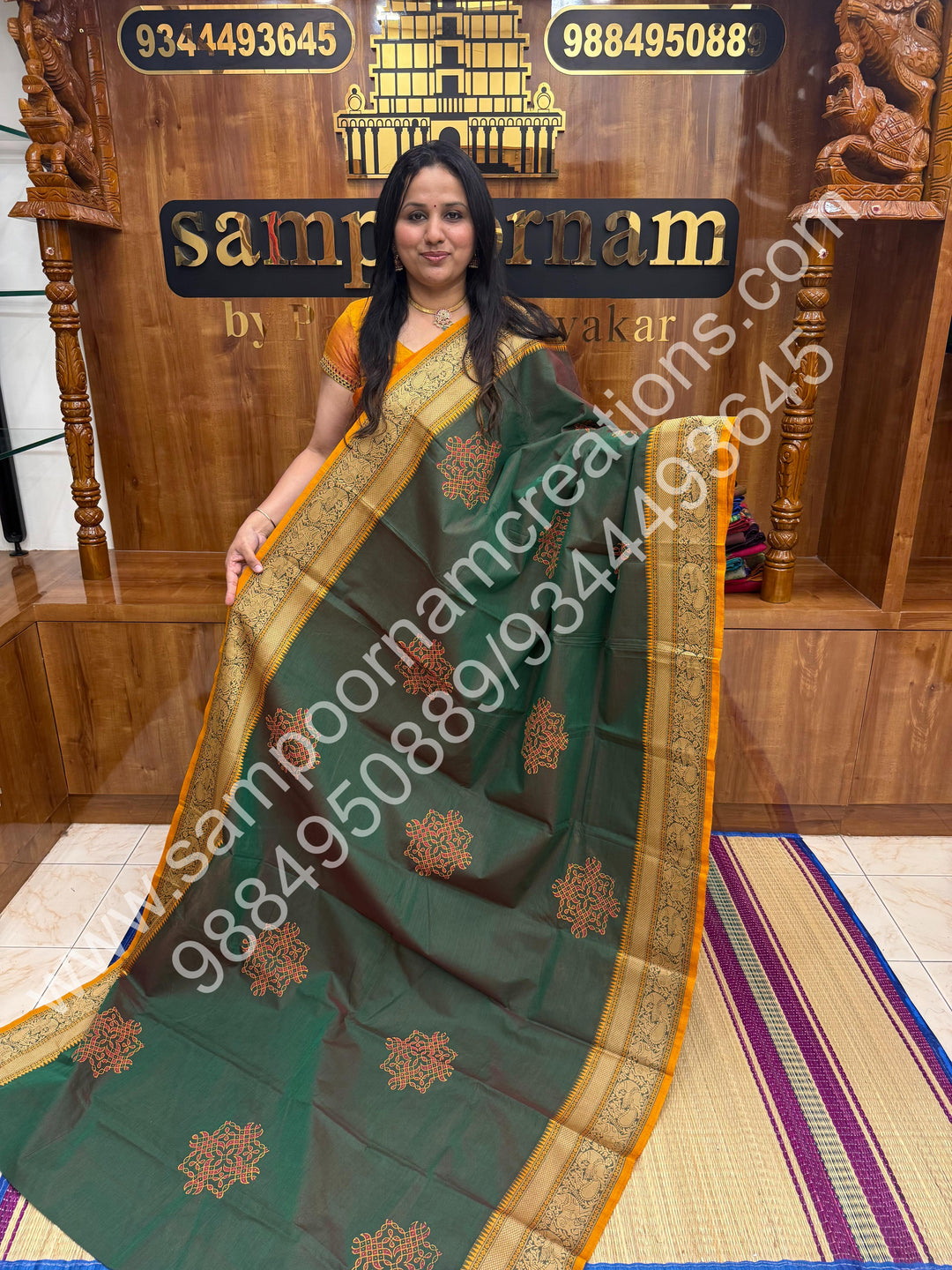 Manthulir Green with Mustard Selvedge , Kolam Handblock Printed  Chettinad Cotton Saree