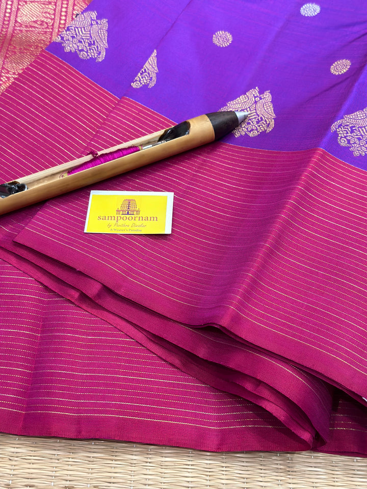 Purple with Maroon Vairaoosi Border , Silver and Gold Body Butta, Retta kili Butta , Rich Pallu - Kanjivaram Pure SIlk Saree