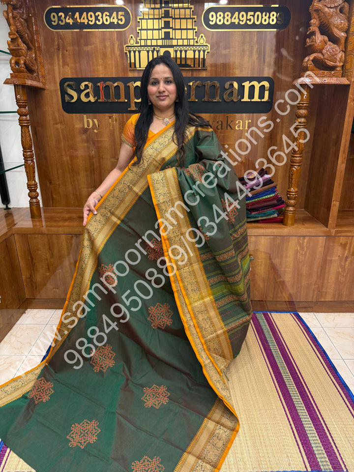 Manthulir Green with Mustard Selvedge , Kolam Handblock Printed  Chettinad Cotton Saree