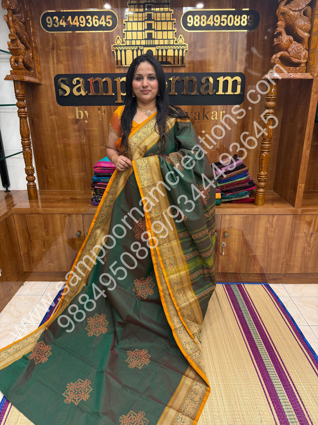 Manthulir Green with Mustard Selvedge , Kolam Handblock Printed  Chettinad Cotton Saree