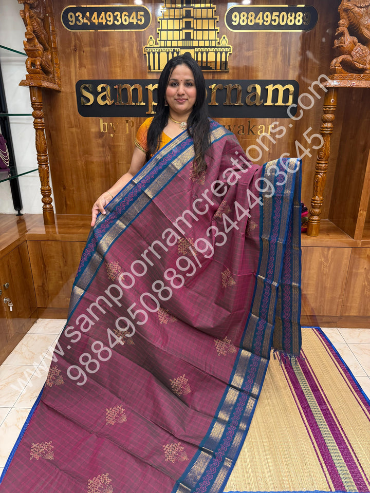 Dark Mauve  , Kolam Handblock Printed  Chettinad Cotton Saree