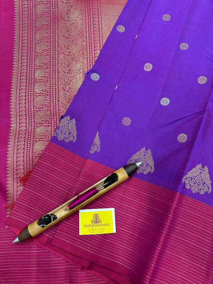 Purple with Maroon Vairaoosi Border , Silver and Gold Body Butta, Retta kili Butta , Rich Pallu - Kanjivaram Pure SIlk Saree