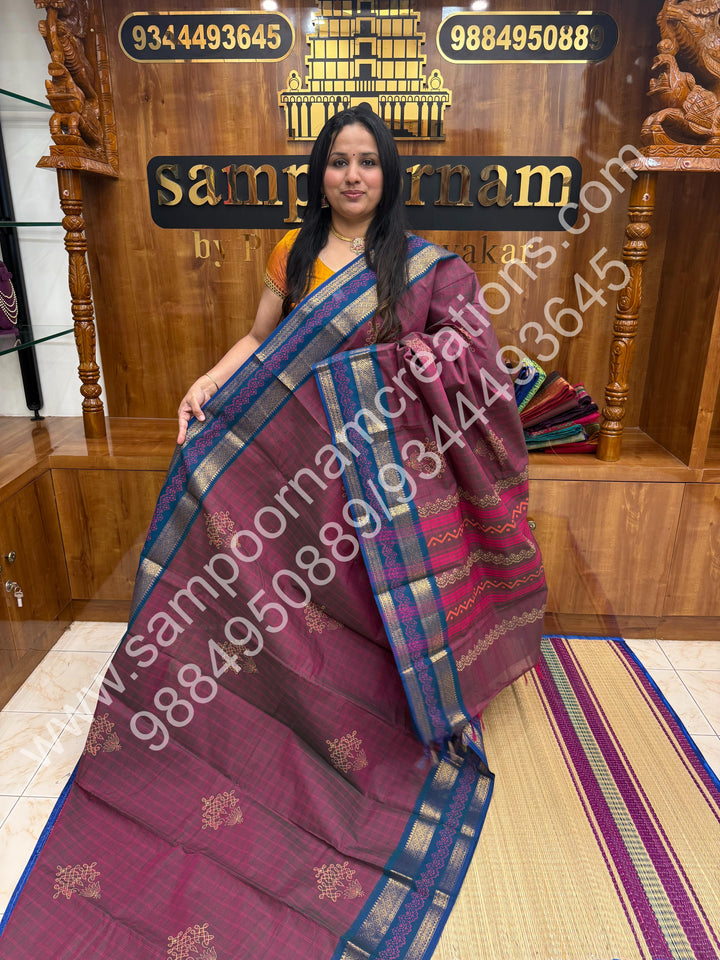 Dark Mauve  , Kolam Handblock Printed  Chettinad Cotton Saree