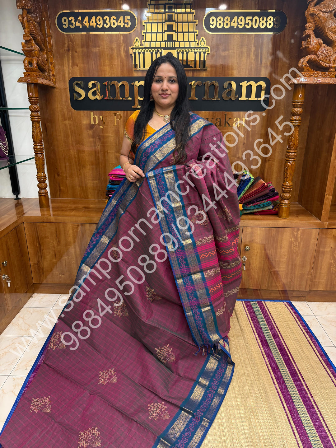 Dark Mauve  , Kolam Handblock Printed  Chettinad Cotton Saree
