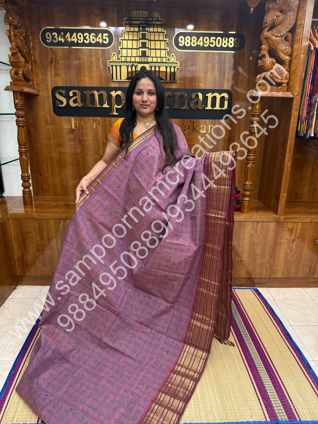 Mavue with Maroon Selvedge , Kolam Handblock Printed  Chettinad Cotton Saree
