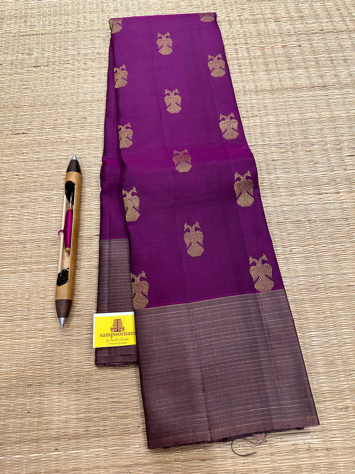 A Stunning Wine with Mauve Colour , Gandaberundu Zari Body Motif Rich Pallu- Kanjivaram Pure Silk Saree