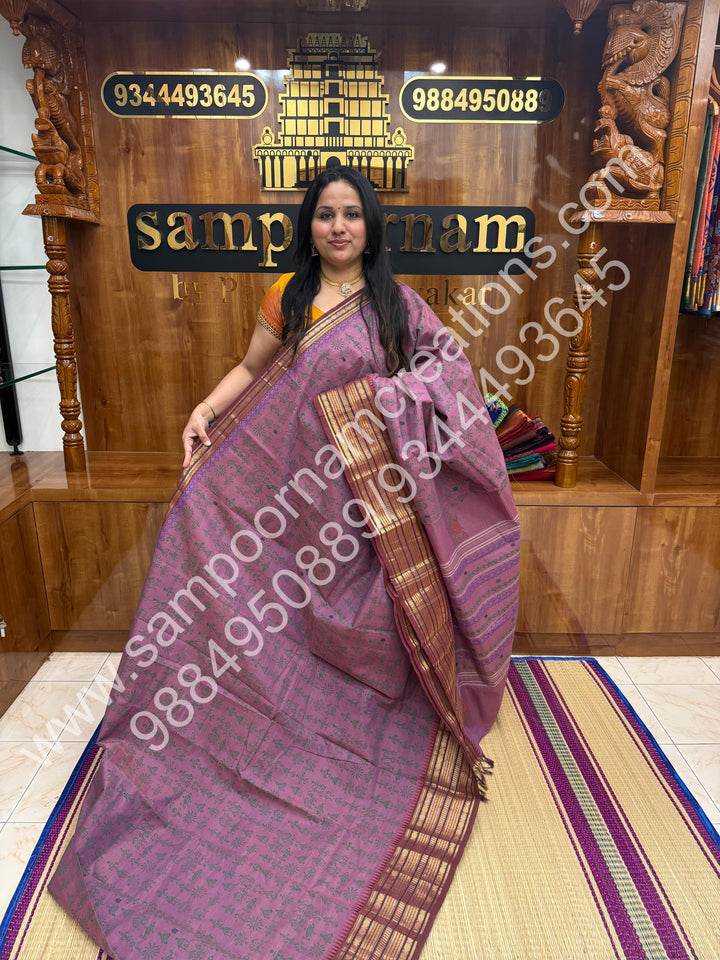 Mavue with Maroon Selvedge , Kolam Handblock Printed  Chettinad Cotton Saree