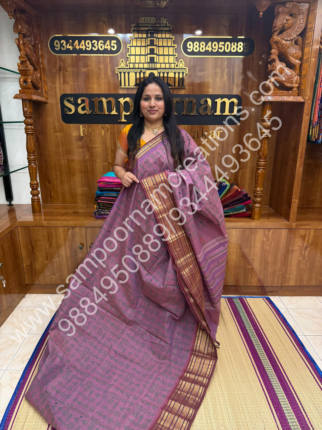 Mavue with Maroon Selvedge , Kolam Handblock Printed  Chettinad Cotton Saree