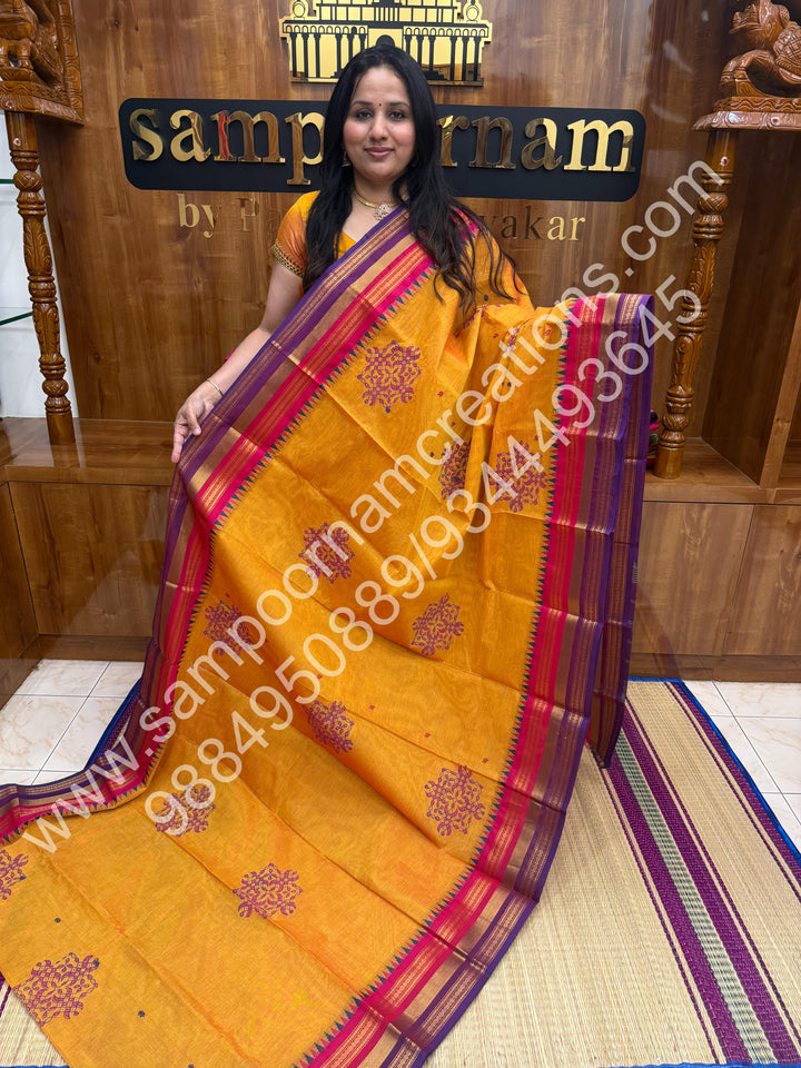Manjal  , Kolam Handblock Printed  Chettinad Cotton Saree