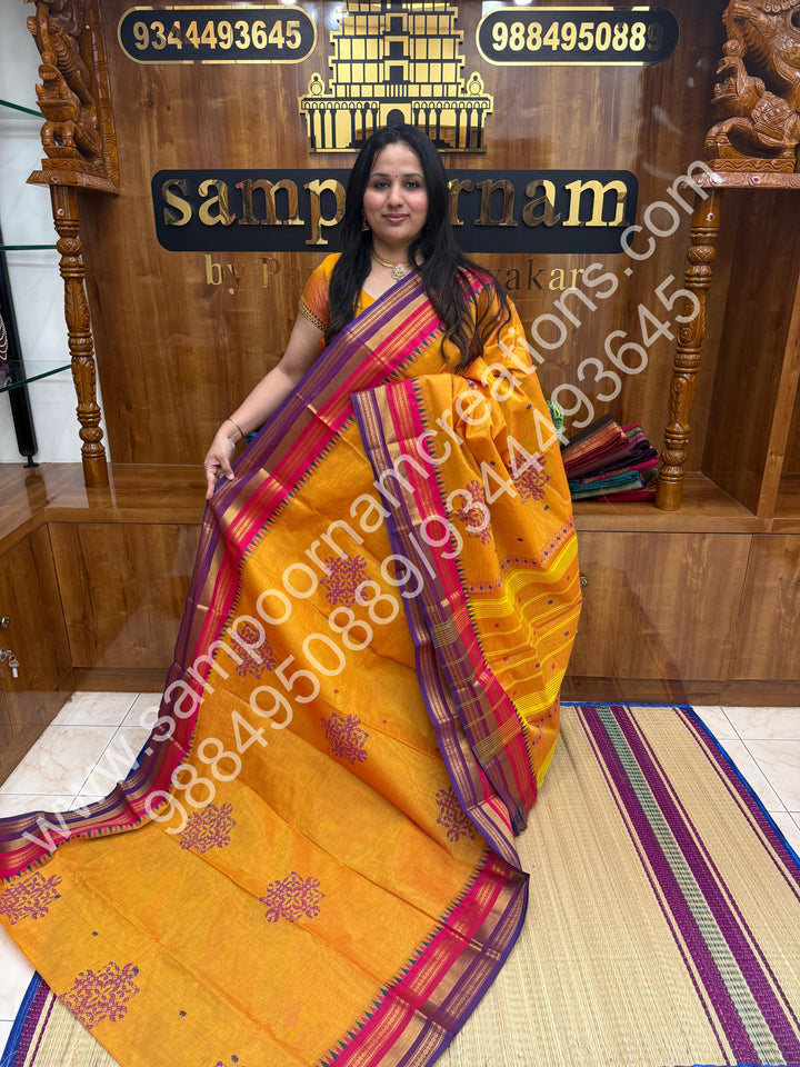 Manjal  , Kolam Handblock Printed  Chettinad Cotton Saree