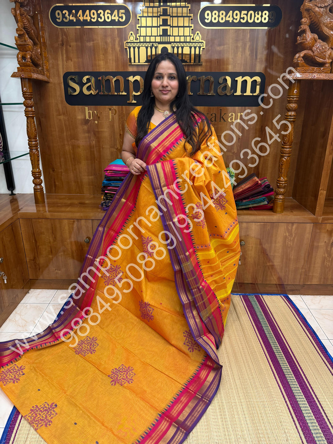 Manjal  , Kolam Handblock Printed  Chettinad Cotton Saree