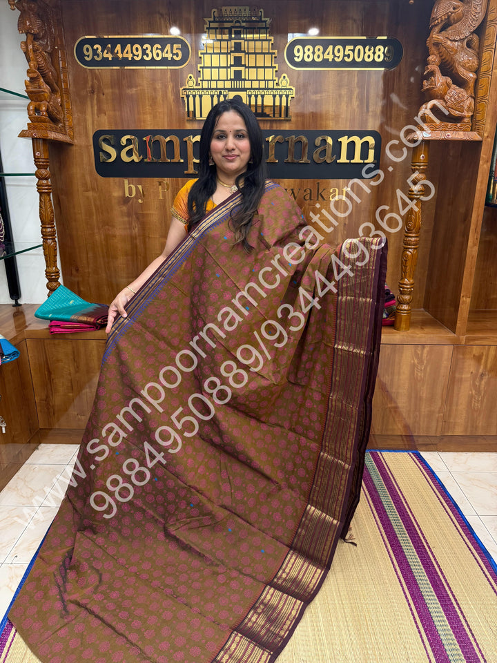 Rust Brown , Floral  Handblock Printed Chettinad Cotton Saree