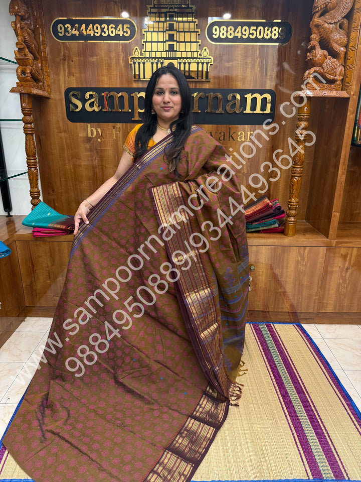 Rust Brown , Floral  Handblock Printed Chettinad Cotton Saree