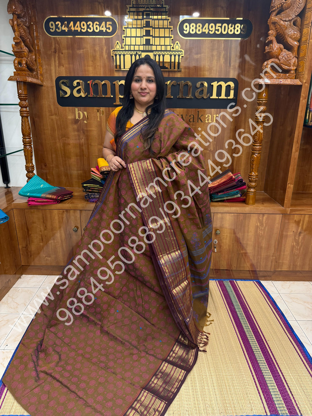 Rust Brown , Floral  Handblock Printed Chettinad Cotton Saree