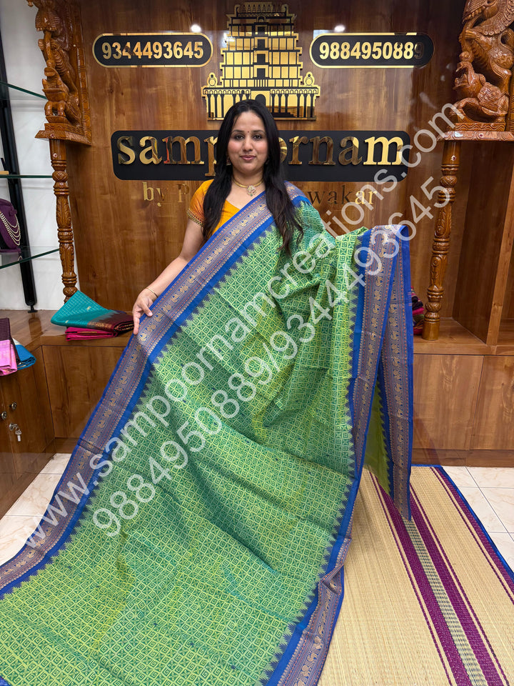 Leaf Green  , Floral  Handblock Printed Chettinad Cotton Saree