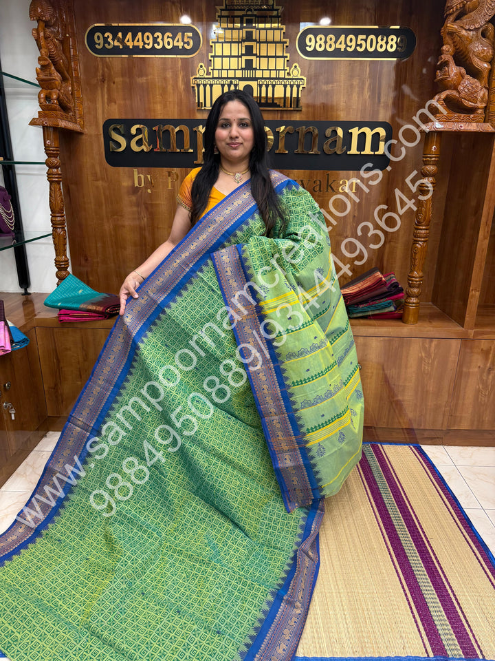 Leaf Green  , Floral  Handblock Printed Chettinad Cotton Saree