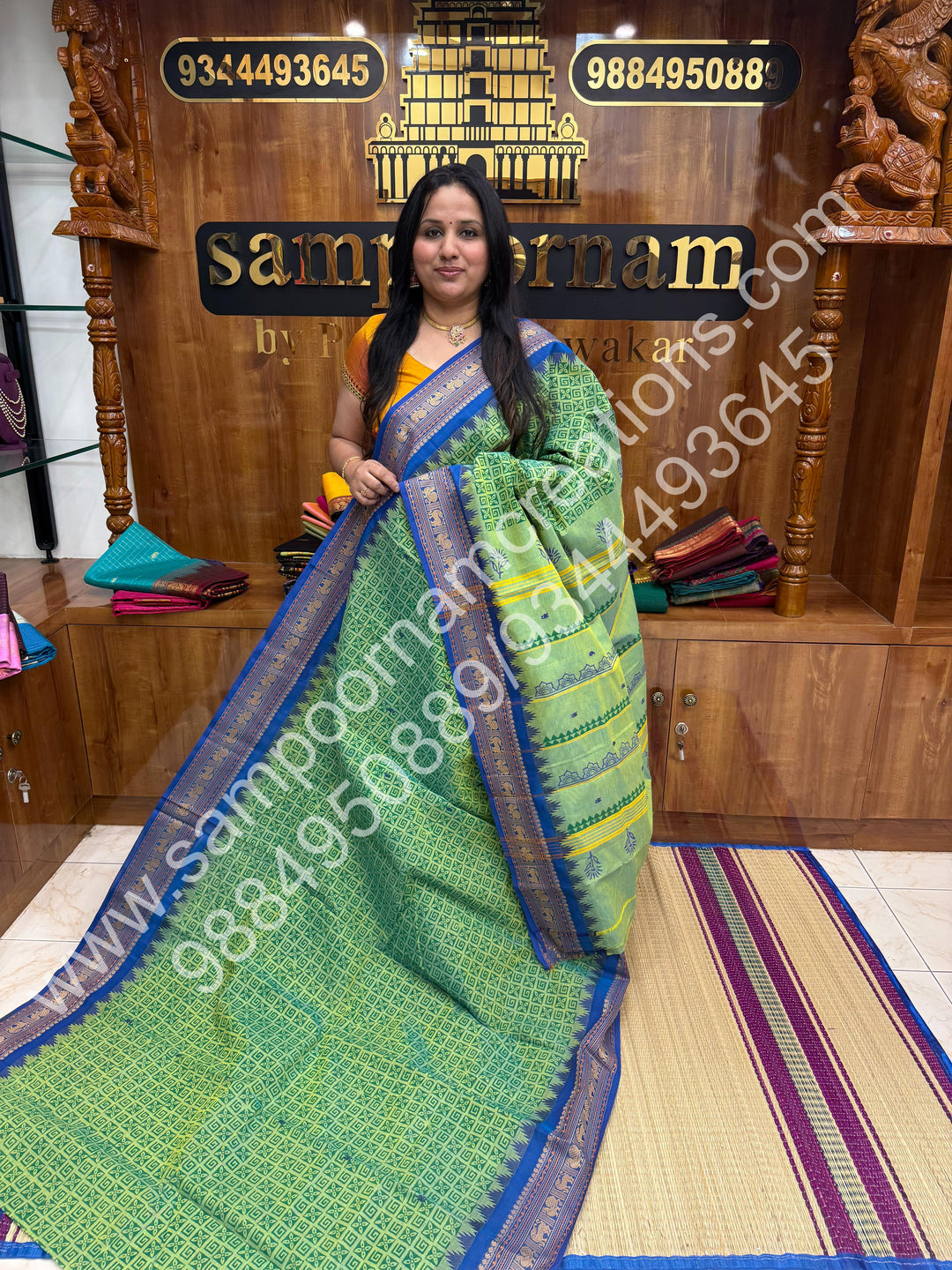 Leaf Green  , Floral  Handblock Printed Chettinad Cotton Saree