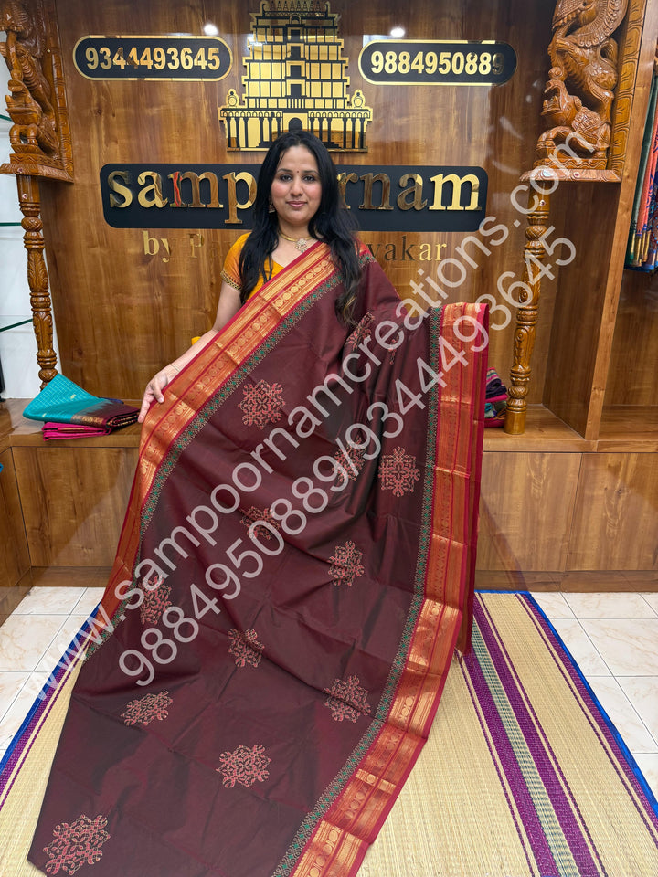 Dark Maroon , Kolam Handblock Printed Chettinad Cotton Saree