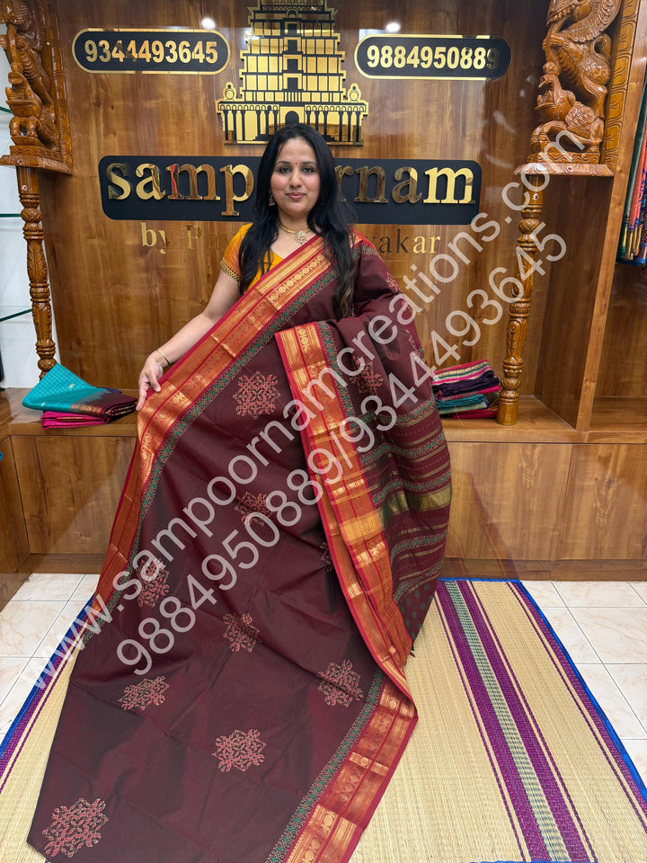 Dark Maroon , Kolam Handblock Printed Chettinad Cotton Saree