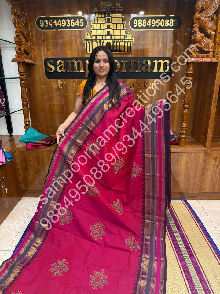 Dark Pink , Kolam Handblock Printed  Chettinad Cotton Saree