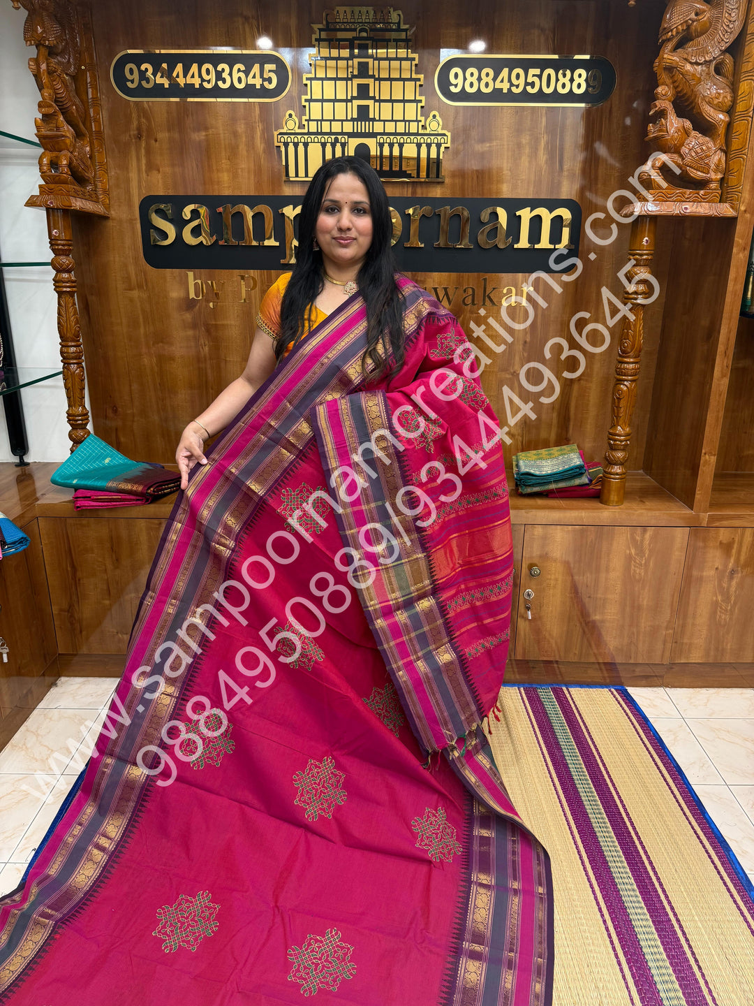 Dark Pink , Kolam Handblock Printed  Chettinad Cotton Saree