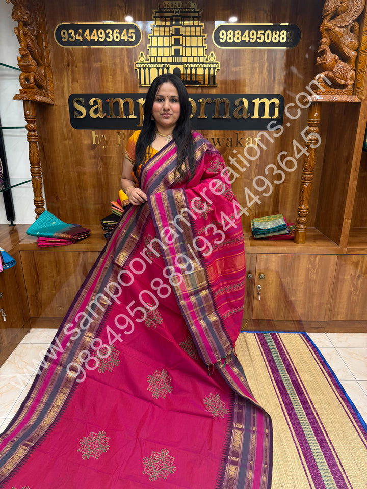 Dark Pink , Kolam Handblock Printed  Chettinad Cotton Saree