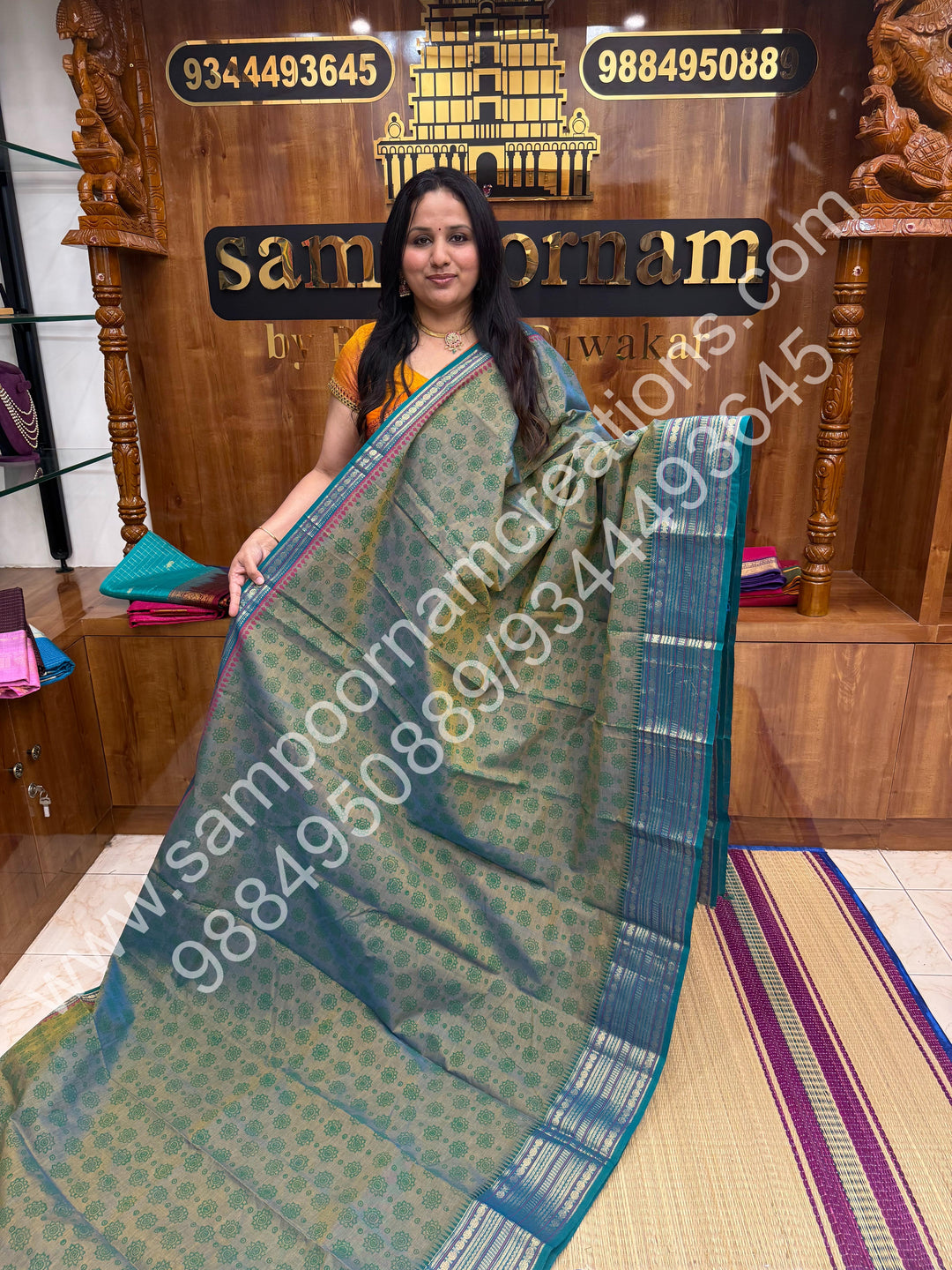 Greyish Blue , Kolam Handblock Printed  Chettinad Cotton Saree