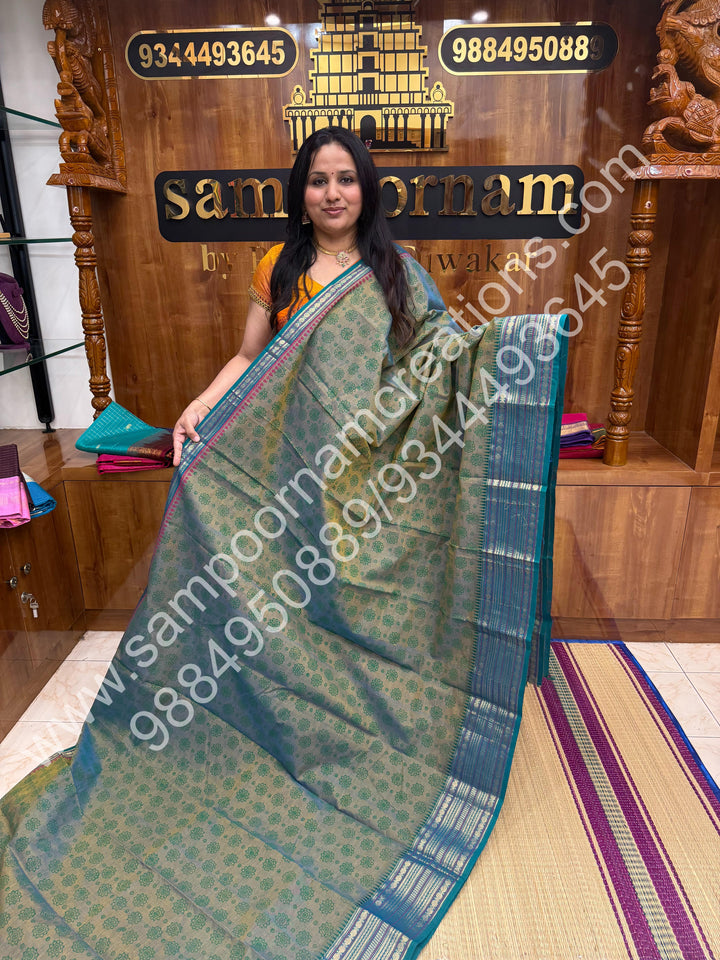 Greyish Blue , Kolam Handblock Printed  Chettinad Cotton Saree