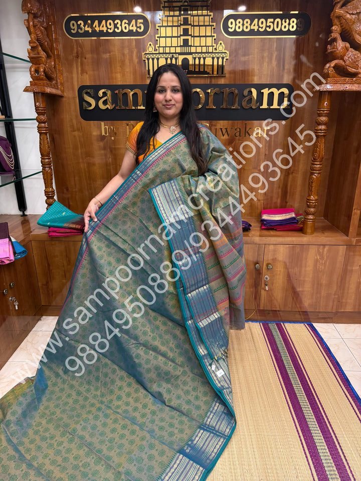 Greyish Blue , Kolam Handblock Printed  Chettinad Cotton Saree