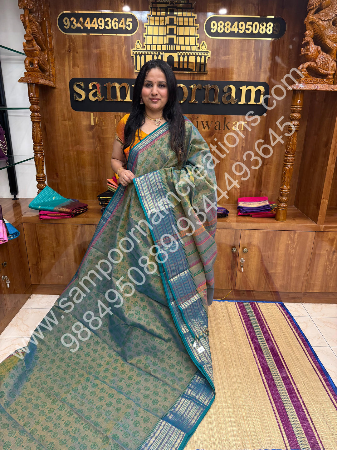 Greyish Blue , Kolam Handblock Printed  Chettinad Cotton Saree