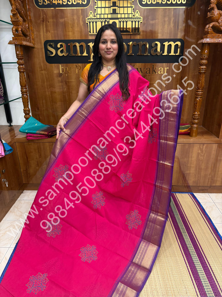 Dark Pink , Kolam Handblock Printed Chettinad Cotton Saree