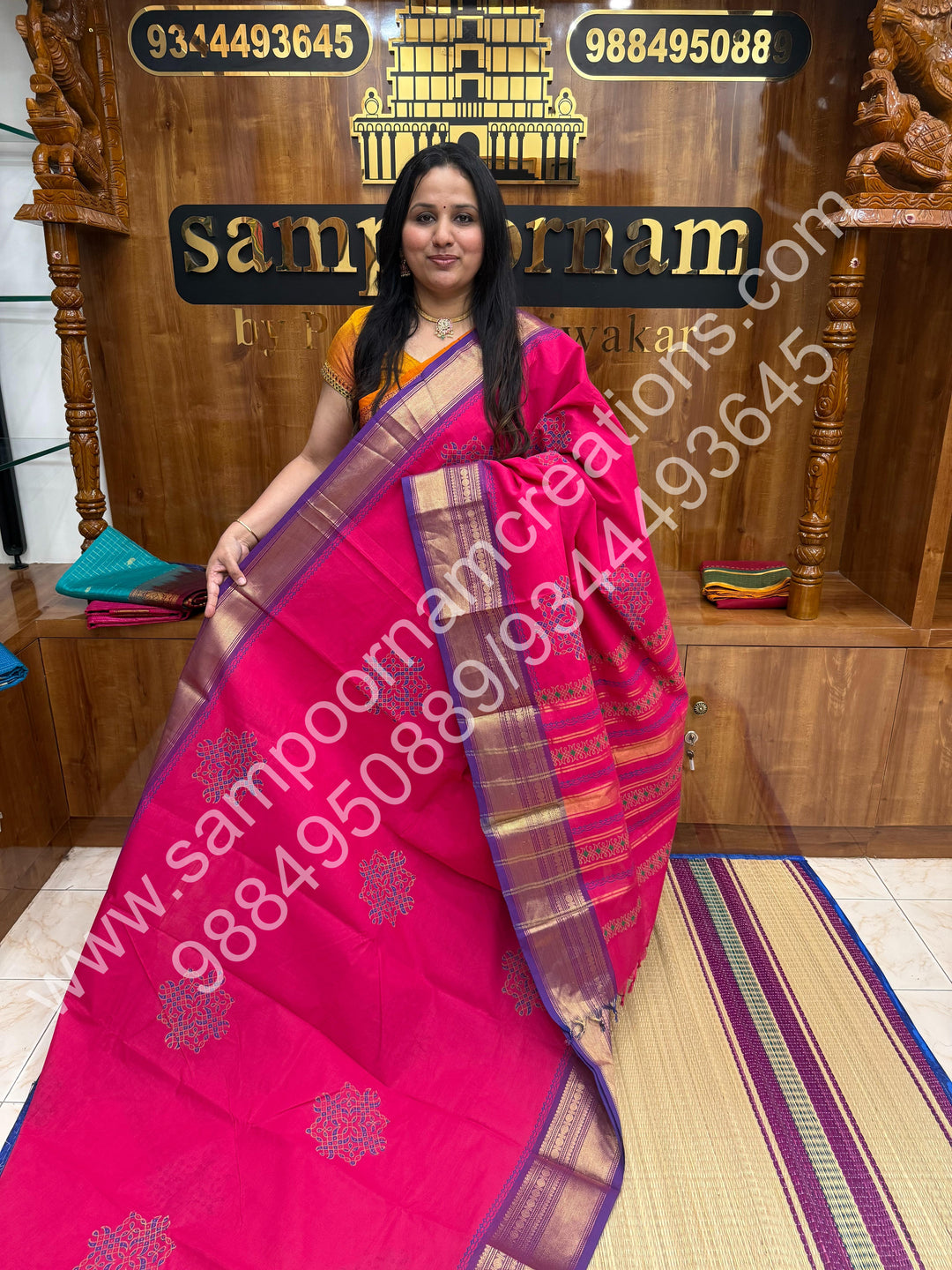 Dark Pink , Kolam Handblock Printed Chettinad Cotton Saree