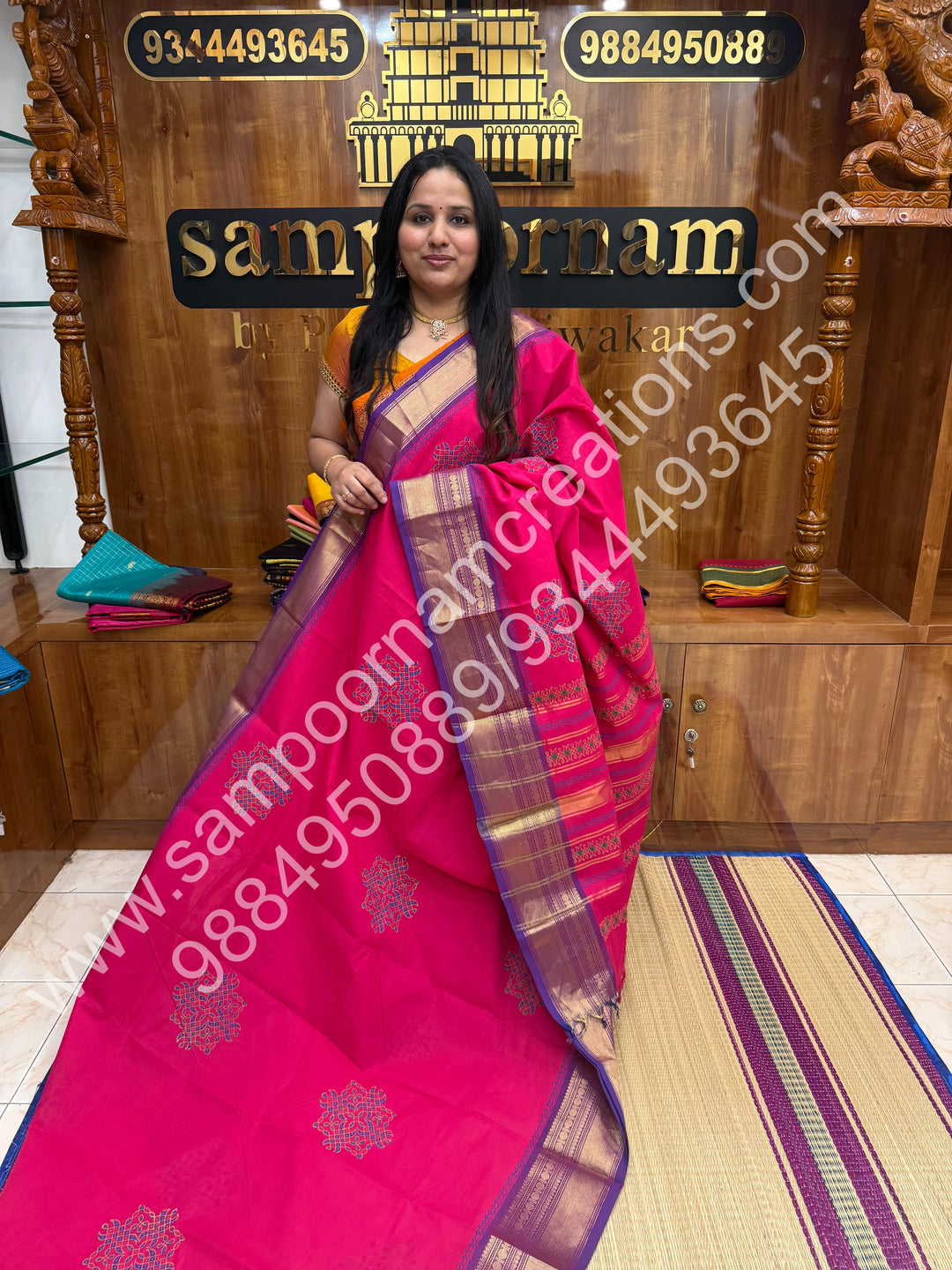 Dark Pink , Kolam Handblock Printed Chettinad Cotton Saree
