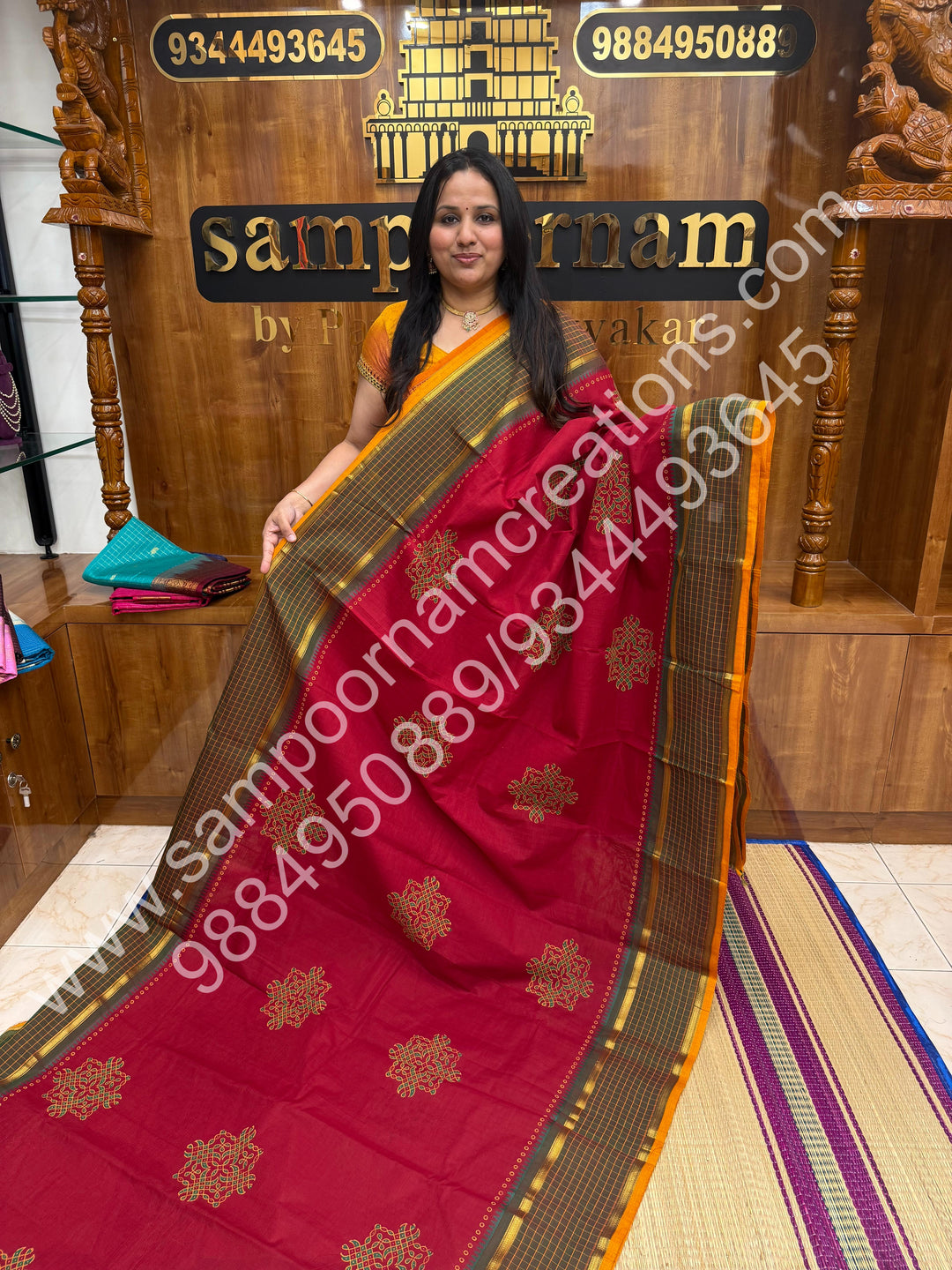 Red with Mustard Selvedge , Kolam Handblock Printed Chettinad Cotton Saree