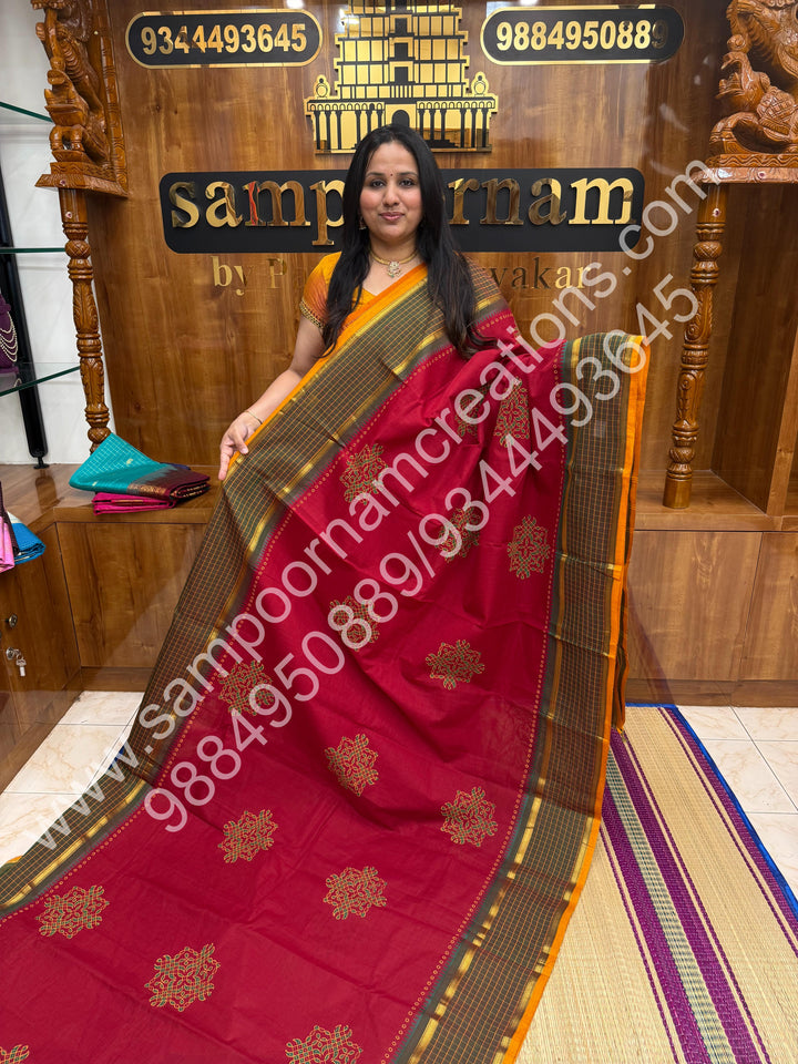 Red with Mustard Selvedge , Kolam Handblock Printed Chettinad Cotton Saree