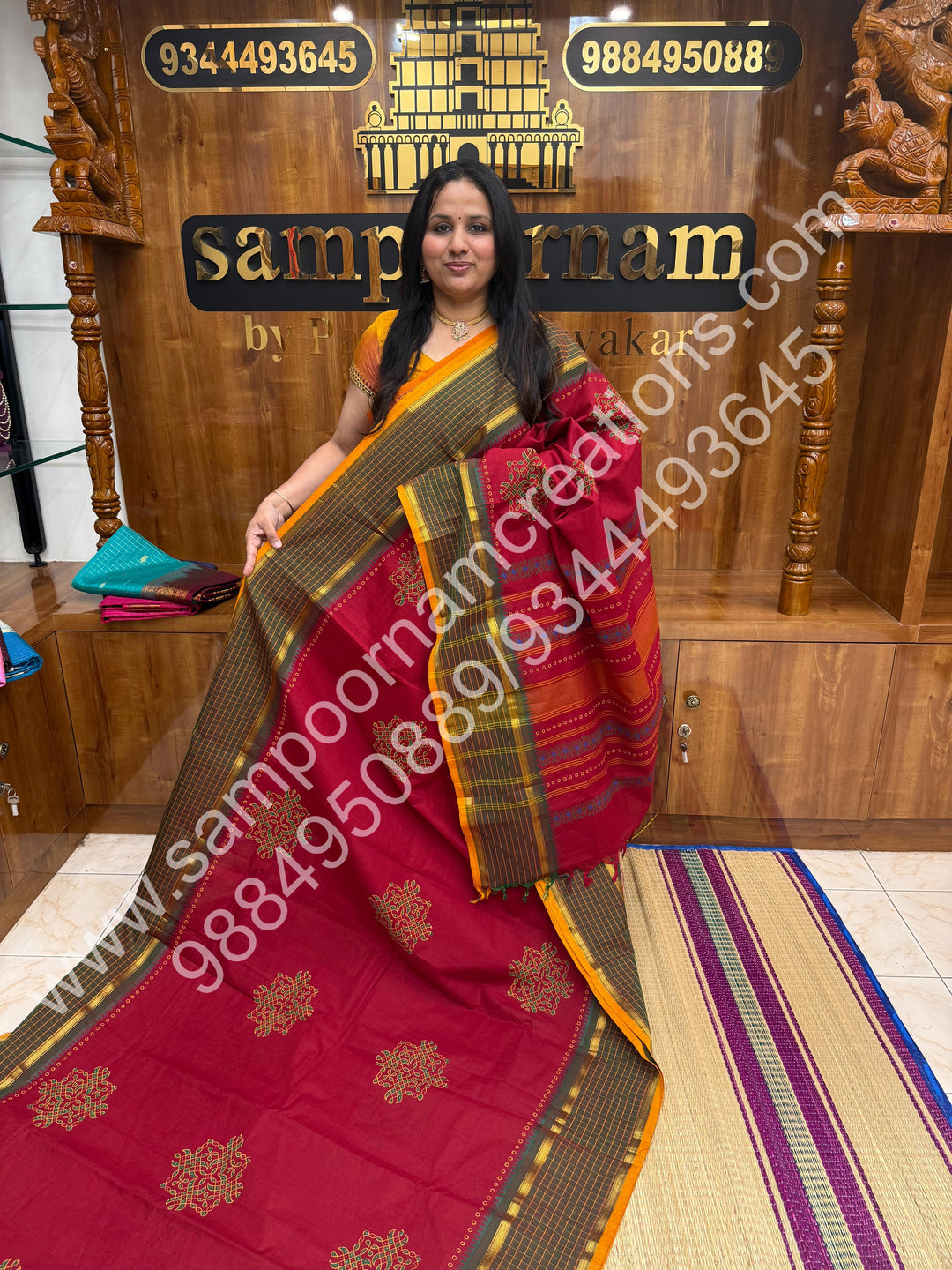 Red with Mustard Selvedge , Kolam Handblock Printed Chettinad Cotton Saree