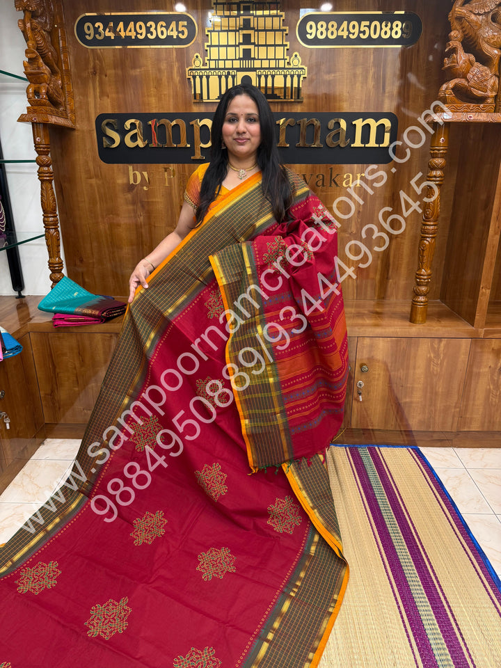 Red with Mustard Selvedge , Kolam Handblock Printed Chettinad Cotton Saree